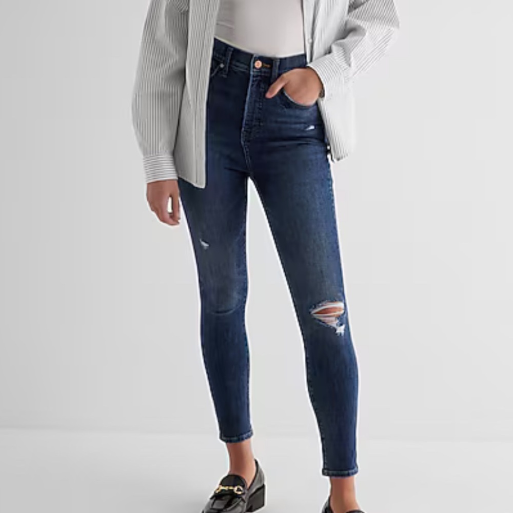 Express Super High Waisted Dark Wash Ripped Skinny Jeans